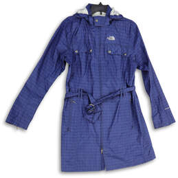 Womens Blue Plaid Long Sleeve Hooded Full-Zip Rain Coat Size Large