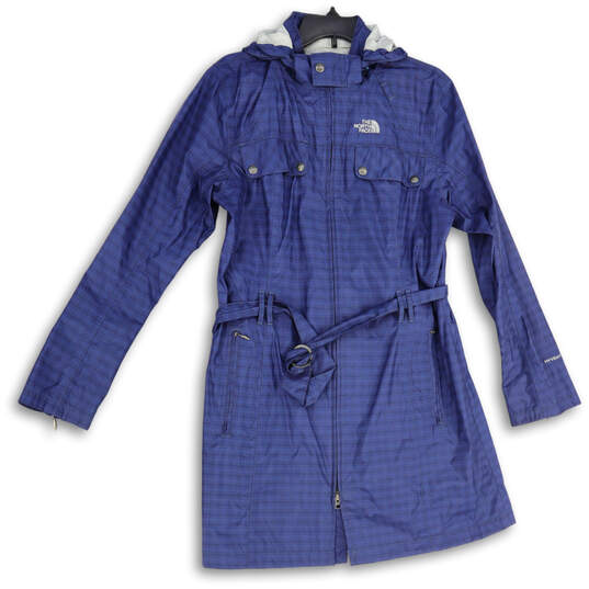 Womens Blue Plaid Long Sleeve Hooded Full-Zip Rain Coat Size Large image number 1