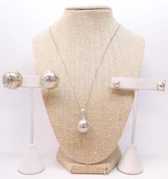 Artisan 925 Modernist Chime Orb Pendant Necklace & Etched Filigree Dome Clip On & Ball Bead Post Earrings 21g image number 1