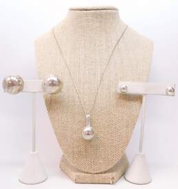 Artisan 925 Modernist Chime Orb Pendant Necklace & Etched Filigree Dome Clip On & Ball Bead Post Earrings 21g