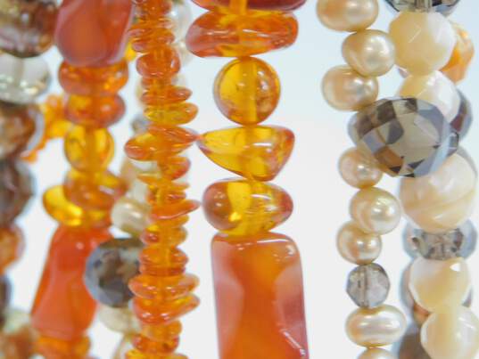 Artisan 925 Amber Faceted Smoky Quartz Carnelian Shell & Pearls Beaded Multi Strand Statement Necklace 110.8g image number 5