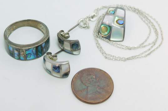 Artisan 925 Sterling Silver Abalone and Mother of Pearl Inlay Pendant Necklace Earrings & Ring 13.2g image number 6