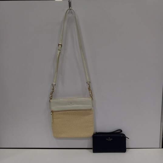 Kate Spade Cream Color Block Leather Straw Crossbody Bag & Blue Wristlet Bundle image number 1