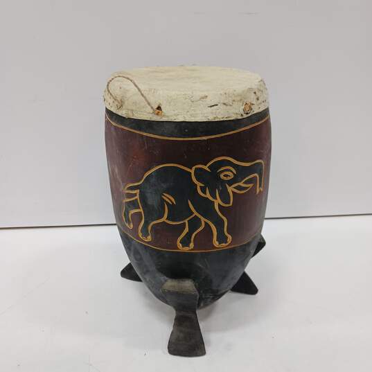 Carved Wooden Drum w/ Elephant Design image number 1