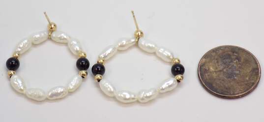14K Yellow Gold Faux Pearl & Onyx Earrings 2.5g image number 2