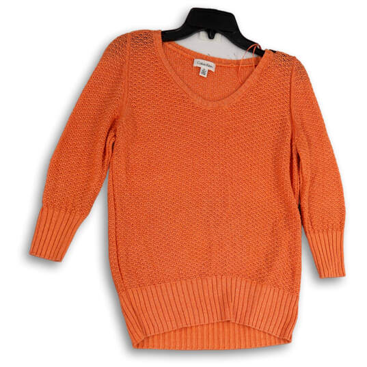 Womens Orange 3/4 Sleeve Round Neck Knitted Pullover Sweater Size Medium image number 1