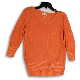 Womens Orange 3/4 Sleeve Round Neck Knitted Pullover Sweater Size Medium