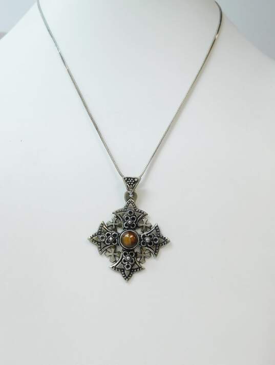 Artisan Jerusalem 925 & 900 Silver Brown Glass Granulated Cross Pendant Foxtail Chain Necklace 13.1g image number 1