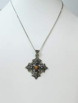 Artisan Jerusalem 925 & 900 Silver Brown Glass Granulated Cross Pendant Foxtail Chain Necklace 13.1g