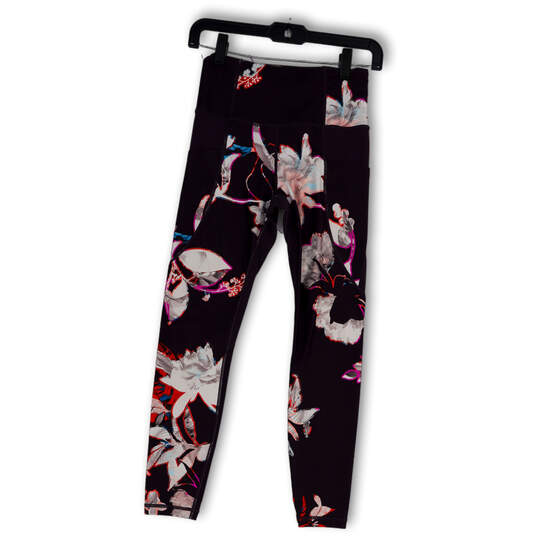Buy the Womens Purple Floral Elastic Waist Pockets Compression Leggings  Size XS