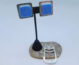 ATI Mexico & Artisan 925 Modernist Blue Faux Stone Square Clip On Earrings & Cut Out Kitten Cat Brooch 30.2g