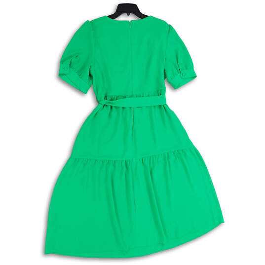 NWT Womens Green Pleated V-Neck Tie Waist Back Zip Fit & Flare Dress Sz 16 image number 2