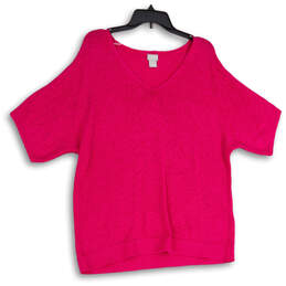 Womens Pink V-Neck Short Sleeve Knit Pullover Blouse Top Size 2 (us size L)