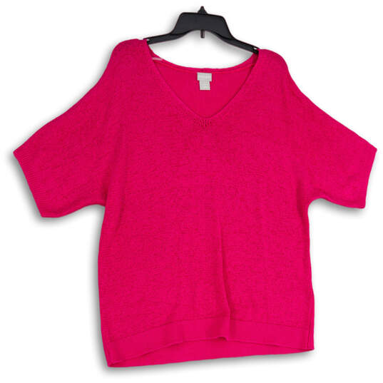 Womens Pink V-Neck Short Sleeve Knit Pullover Blouse Top Size 2 (us size L) image number 1