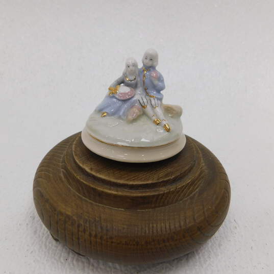 Vintage Colonial Couple Wood and Porcelain Rotating Music Box Japan image number 1