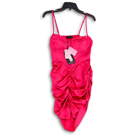 NWT Womens Pink Satin Ruched Strappy Corset Side Zip Bodycon Dress Size 8 image number 1