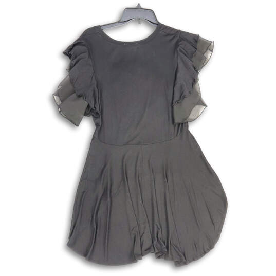 Womens Black Pleated Round Neck Ruffle Sleeve Hi-Low Hem Mini Dress Size XL image number 2