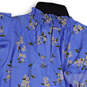 Womens Blue Ruffle Sleeve Smocked Mock Neck Key Hole Back Blouse Top Size M image number 4
