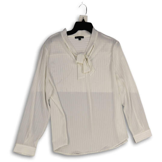 Womens White Striped Tie Neck Long Sleeve Pullover Blouse Top Size XL image number 3