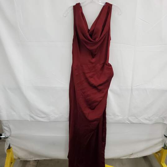 Pretty Little Thing Burgundy Satin Cowl Neck Draped Maxi Dress NWT Size 10 image number 1