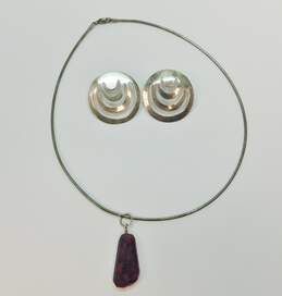 Taxco & Artisan 925 Dyed Quartz Pendant Necklace & Earrings 22.6g
