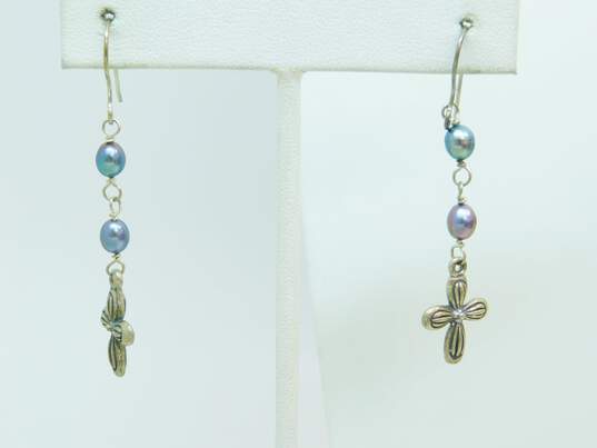 Artisan 925 Hibiscus Flower Pendant Necklace Dark Pearls & Cross Drop Earrings & Celtic Knot Paneled Bracelet 23.3g image number 3