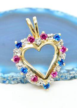 10K Yellow Gold Ruby Sapphire Diamond Accent Open Heart Pendant 2.8g alternative image