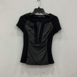 Womens Black Short Sleeve Split Neck Stylish Pullover T-Shirt Size 4