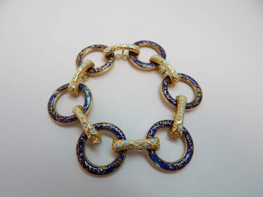 Vintage Italian 18K Yellow Gold Blue Enamel Circle Link Bracelet 34.9g image number 4