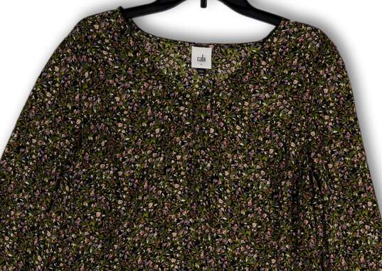 Womens Black Green Floral V-Neck Long Sleeve Pullover Blouse Top Size Large image number 3