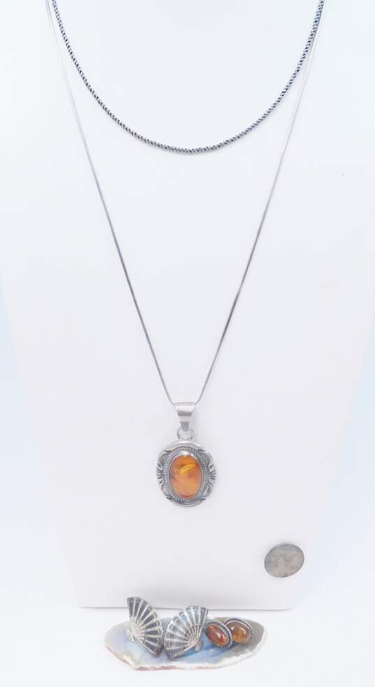 Artisan 925 Sterling Silver Amber Cabochon & Etched Ball Chain Necklaces Amber Cabochon Stud & Fan Screw Back Earrings 34.0g image number 7