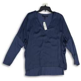 NWT White House Black Market Womens Blue Long Sleeve V-Neck Blouse Top Size M
