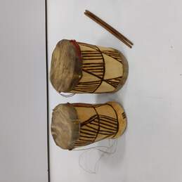 Bundle of 2 Vintage Small Animal Hide & Wooden Hand Drums with Sticks