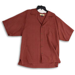 Mens Red Silk Textured Short Sleeve Collared Pocket Button-Up Shirt Size L