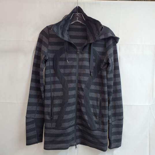 Buy the Lululemon Stride Jacket Full Zip Hoodie Black Grey Macro Stripe Sz  4