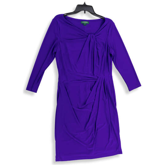 Womens Purple Pleated Draped Long Sleeve Knee Length Sheath Dress Size 14 image number 4