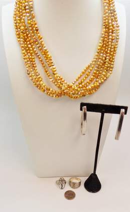 Artisan Sterling Silver Dyed Pearl Multi Strand Necklace Oblong Hoop Earrings & Rings 114.4g alternative image