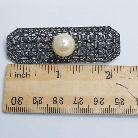 Sterling Silver Faux Pearl Marcasite 2 1/4" Bar Brooch 18.0g image number 6