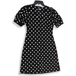 Womens Black White Polka Dot V-Neck Short Sleeve A-Line Dress Size 4