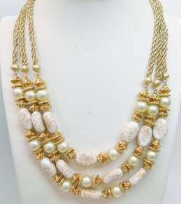 Vintage Vendome Faux Pearl & Speckled Glass Multi Strand Layering Gold Tone Necklace 132.0g