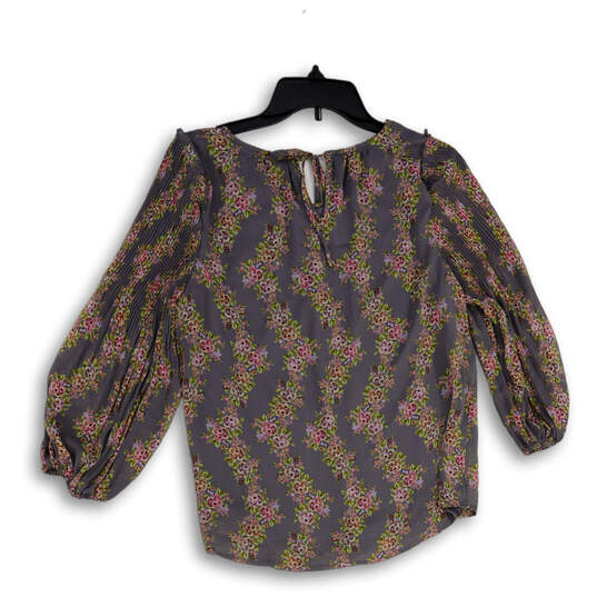 NWT Womens Gray Purple Floral Long Puff Sleeve Pullover Blouse Top Size S image number 2