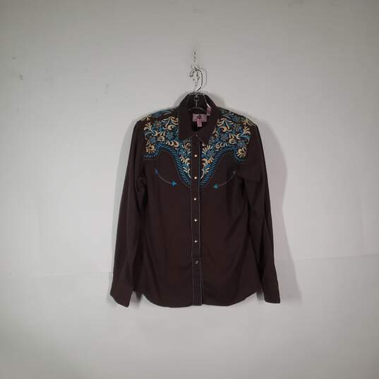 Womens Embroidered Collared Long Sleeve Snap Front Shirt Size Large image number 1