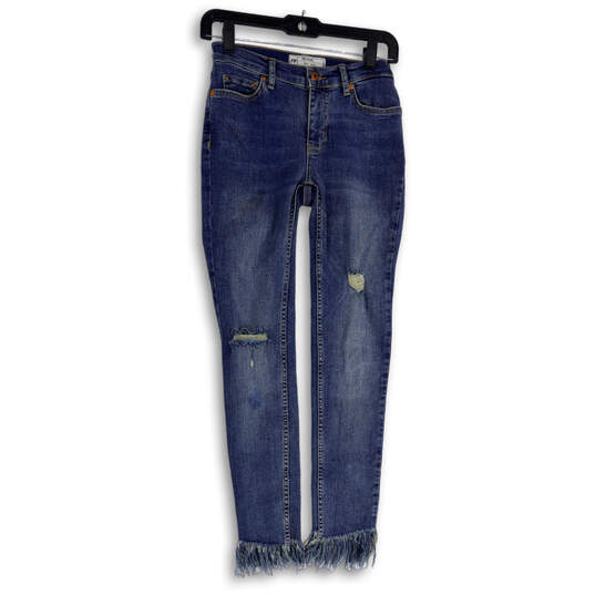 Womens Blue Denim Medium Wash Distressed Raw Hem Skinny Leg Jeans Size 24 image number 1