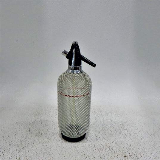 Vntg Soda Siphon Seltzer Glass Bottle With Wire Mesh Cover image number 3
