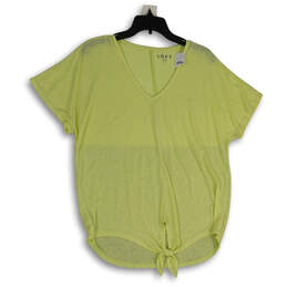 NWT Womens Yellow V-Neck Short Sleeve Front Knot Blouse Top Size Large