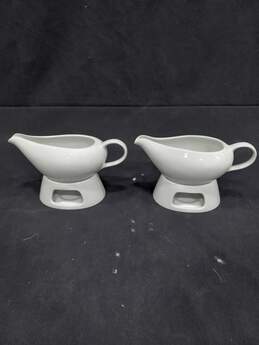 Bundle of Four Over and Back White Ceramic Stoneware Gravy Boats with Warmers