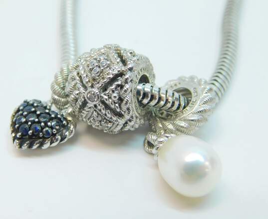 Judith Ripka Sterling Silver Sapphire CZ Pearl 3 Charm Bracelet 18.3g image number 3