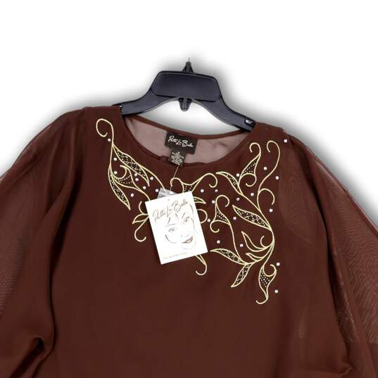 NWT Womens Brown Beaded 3/4 Sleeve Round Neck Pullover Blouse Top Size M image number 3
