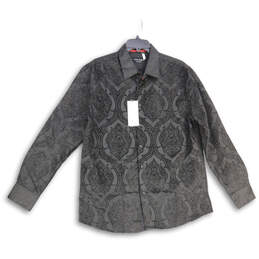 NWT Mens Black Ikat Print Collared Long Sleeve Button-Up Shirt Size L