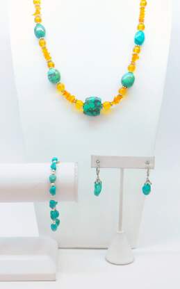 Artisan 925 Southwestern Faux Turquoise Amber Chips & Orange Glass Beaded Necklace Drop Earrings & Nugget & Ball Bead Bracelet 64g